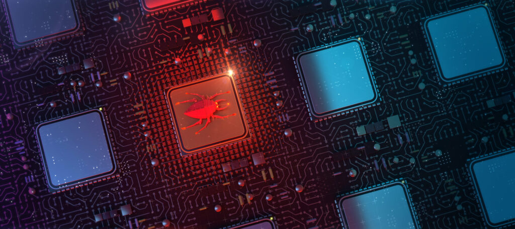 Red Glowing Compiter Bug On Infected Chip In Cyberspace 3d Redner. Spyware, Malware, Virus Trojan, Keylogger, Hacker Attack Illustration
