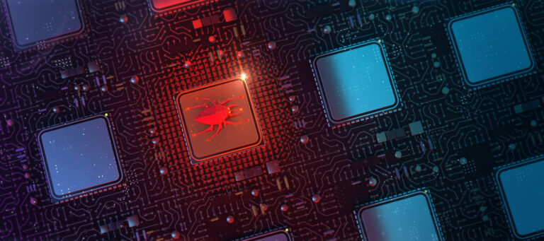 Red Glowing Compiter Bug On Infected Chip In Cyberspace 3d Redner. Spyware, Malware, Virus Trojan, Keylogger, Hacker Attack Illustration