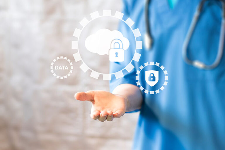 healthcare worker holding their hand out with a floating password graphic.