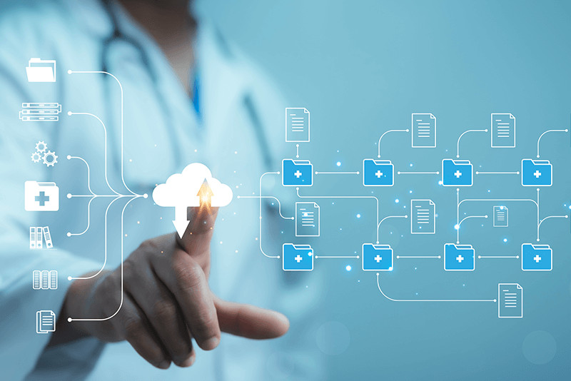 doctor tapping cloud icon connected to files and documents