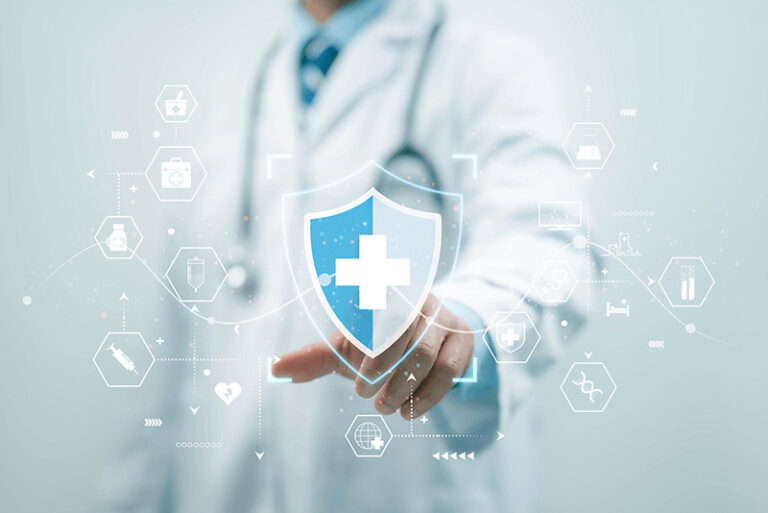 doctor tapping shield with a cross in the middle of it connected to other health related graphics