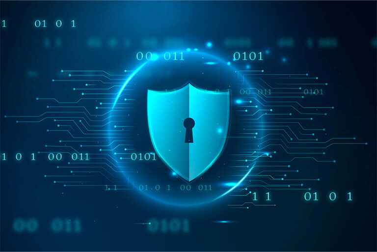 shield with a keyhole inside a sphere surrounded by coding graphics