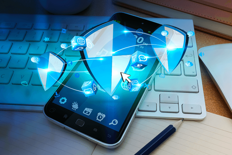 smartphone laying on a keyboard with shields and mobile icons coming out of it