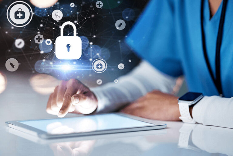 nurse working on a tablet with a lock above it surrounded by medical graphics