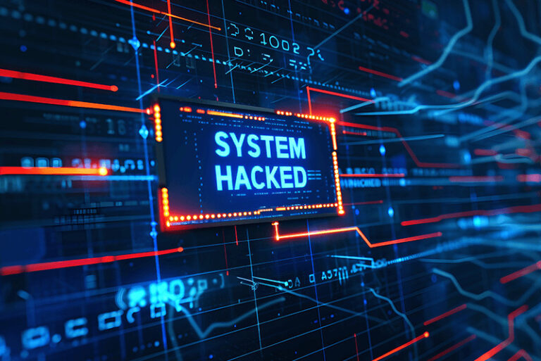 system hacked message on blue background with code and wire graphics