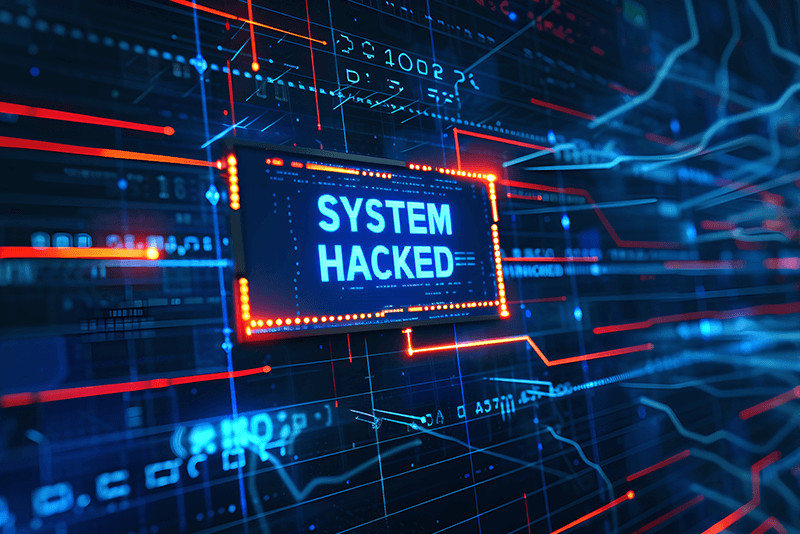 system hacked message on blue background with code and wire graphics