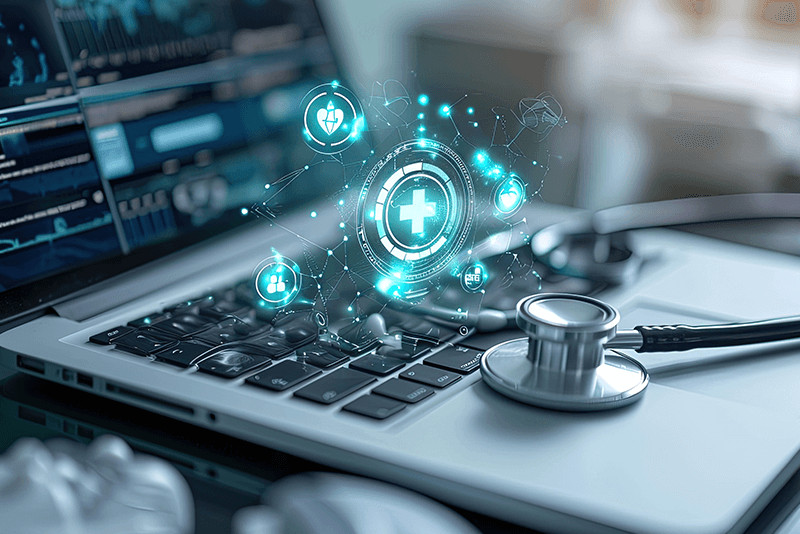 stethoscope laying on open laptop next to medical icons