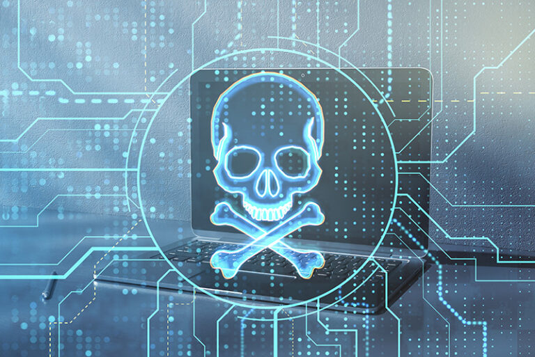 skull and crossbones surrounded by digital graphics on top of a laptop