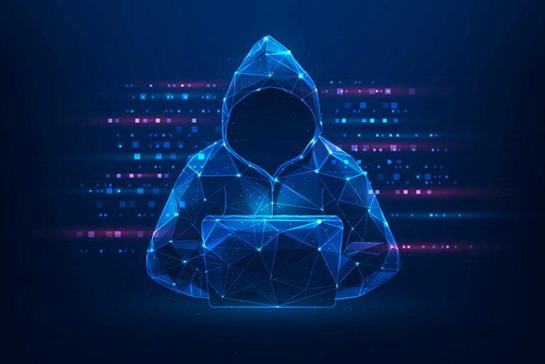 abstract illustration of hooded hacker sitting at a computer
