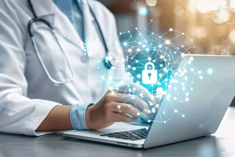doctor typing on a laptop with a lock and digital graphics