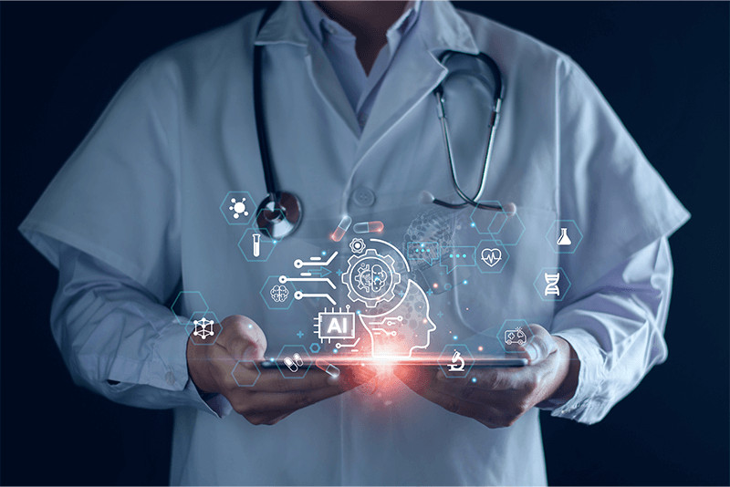doctor holding a tablet with AI, technology, and healthcare icons around it