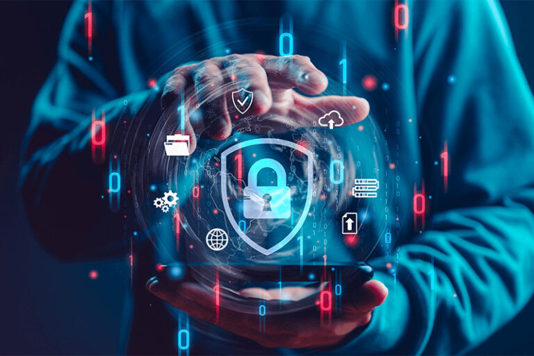 lock inside a shield and other network security icons floating over a tablet