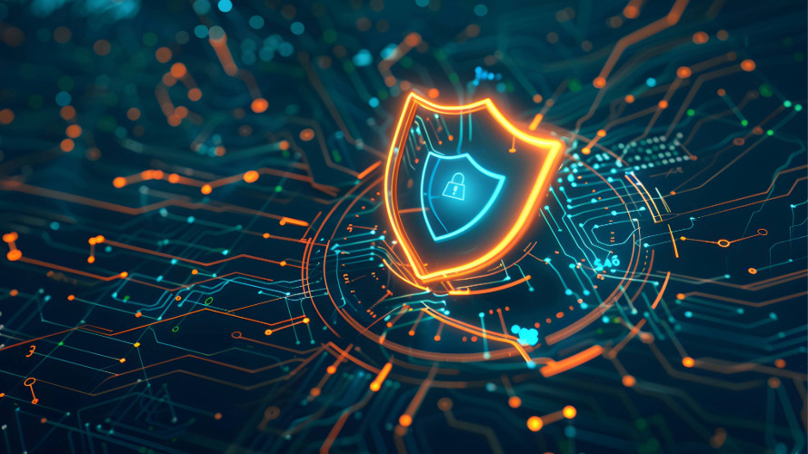 Shield icon with padlock hovering over cyber circuit board