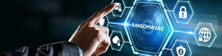 person tapping cybersecurity buttons next to ransomware button
