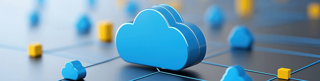blue cloud computing symbol connected to smaller blue clouds and yellow blocks