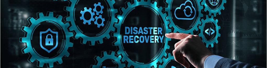 businessman pressing a disaster recovery button inside of a gear