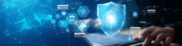 a lock inside of a shield floating over a laptop being used by a businessman