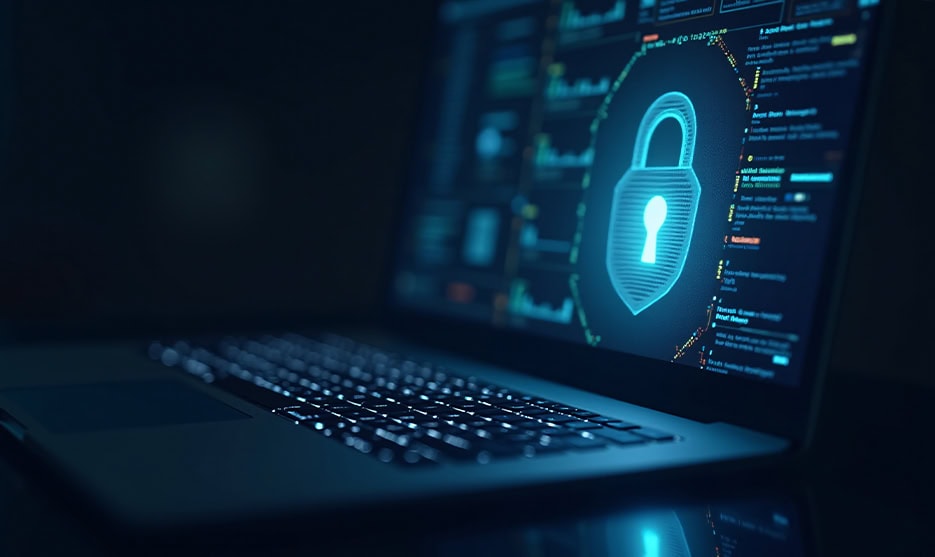 Laptop Cybersecurity Lock Icon Code