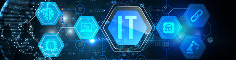 IT wording inside a hexagon next to other technology icons